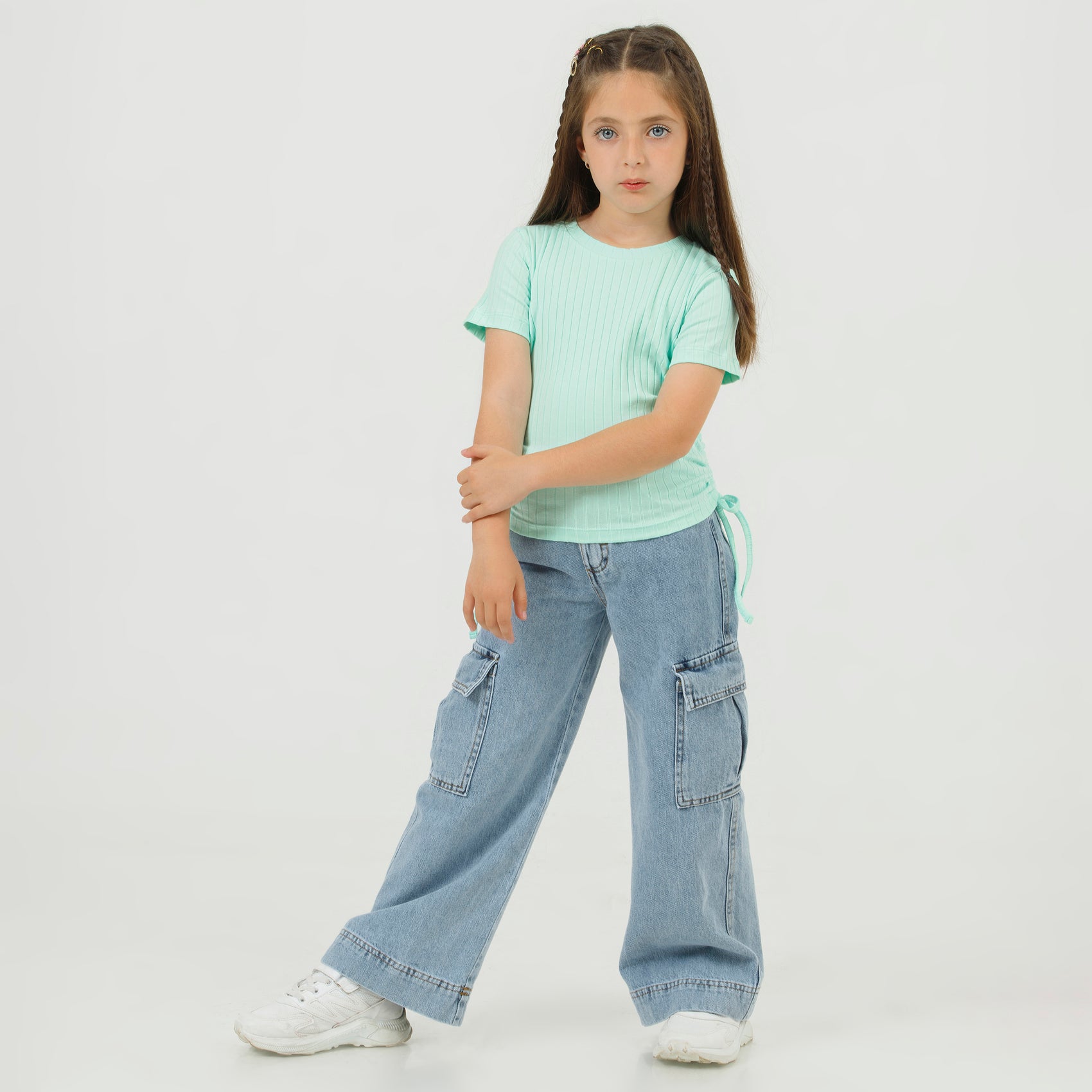 Kız Çocuk Kargo Cepli Bol Paça Denim Pantolon