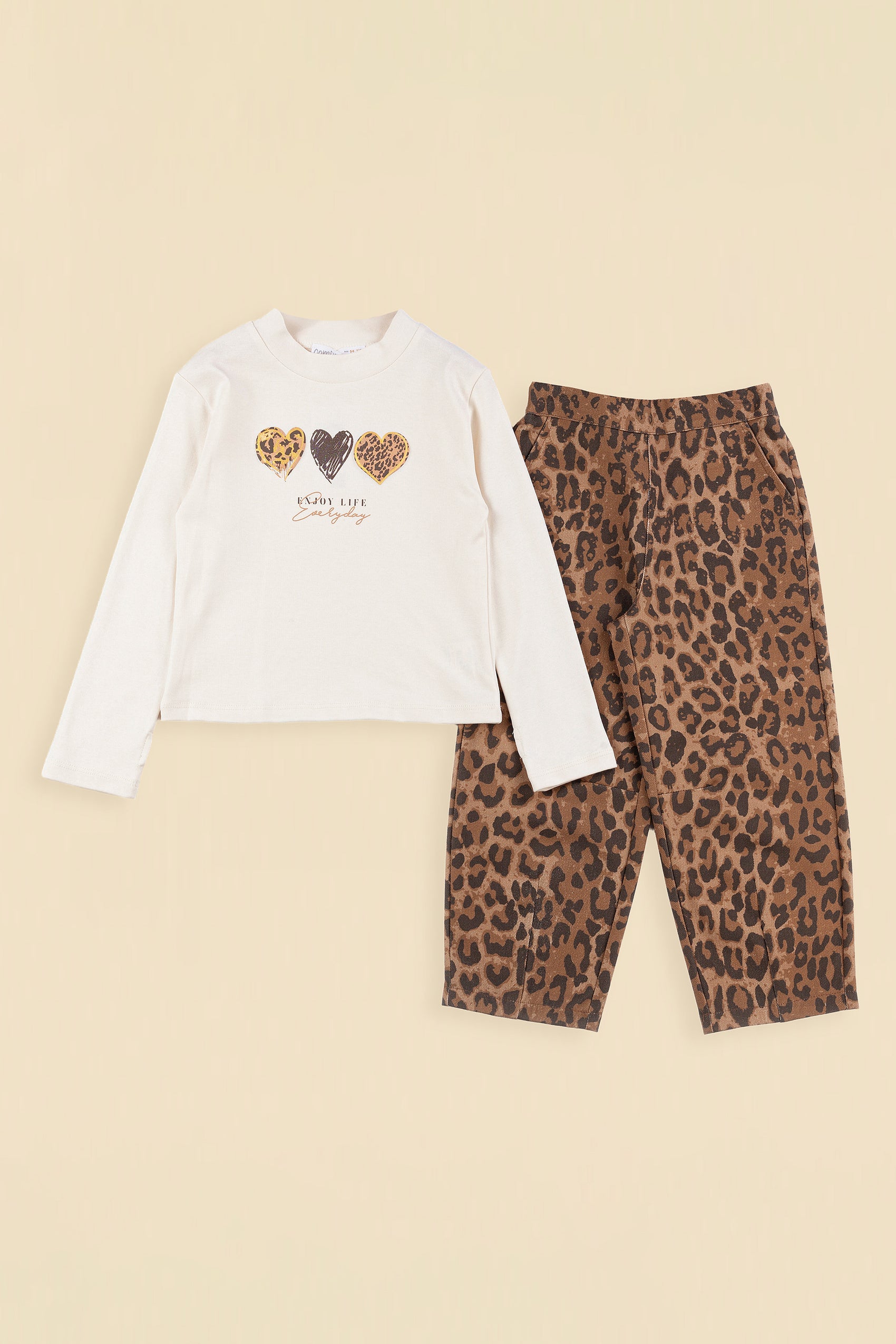 Leopard Kız Pantolon Takım - Açık Kahve