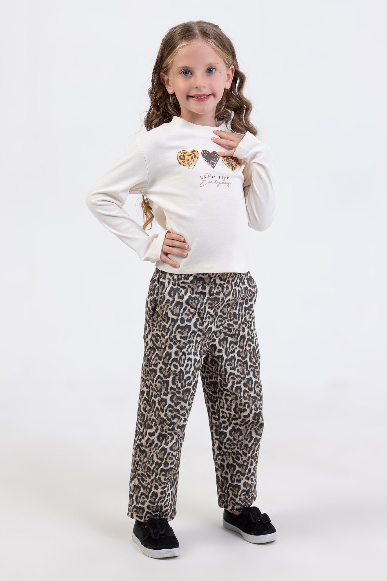 Leopard Kız Pantolon Takım - Ekru