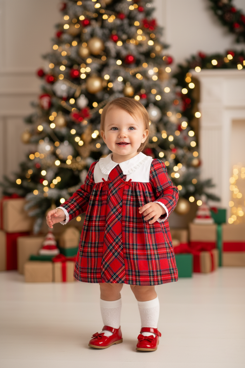 Bebek Ekose Fiyonklu Elbise