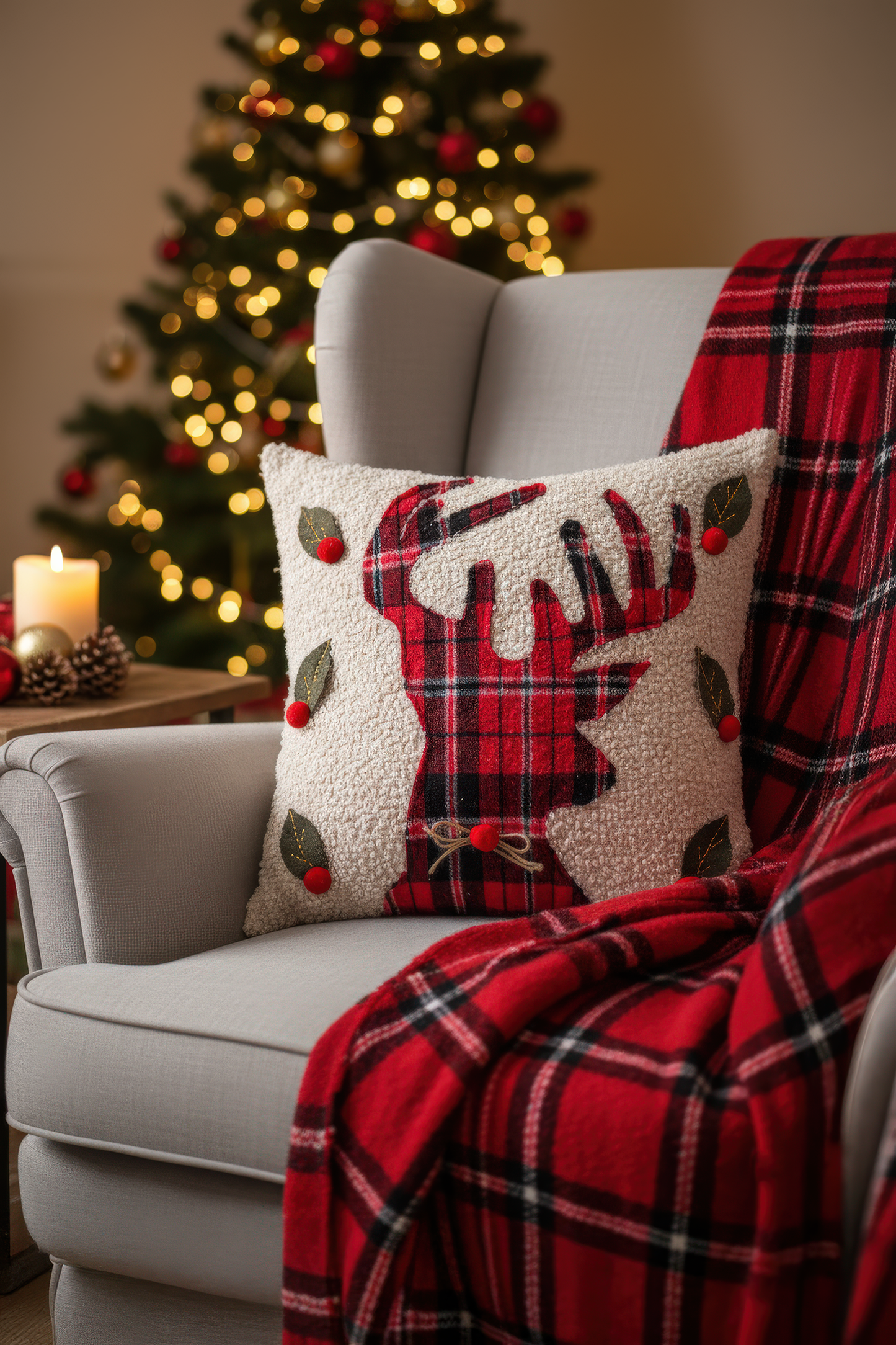 Plaid Reindeer Kırlent (Boucle)