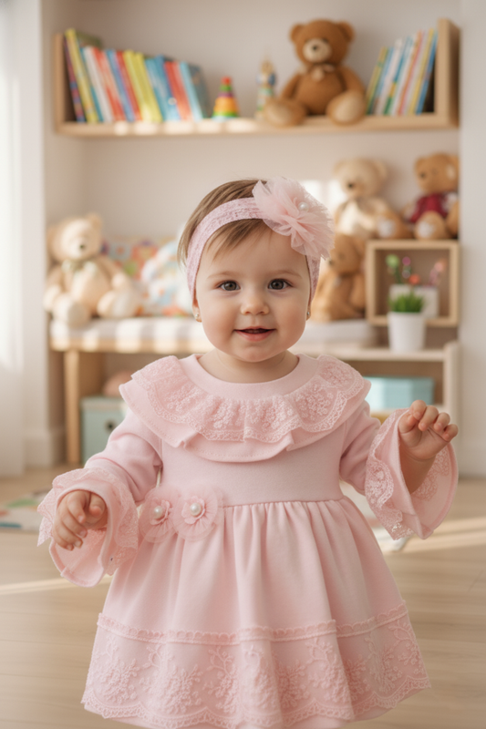 Bebek Dantel Detaylı Pembe Elbise ve Taç Seti