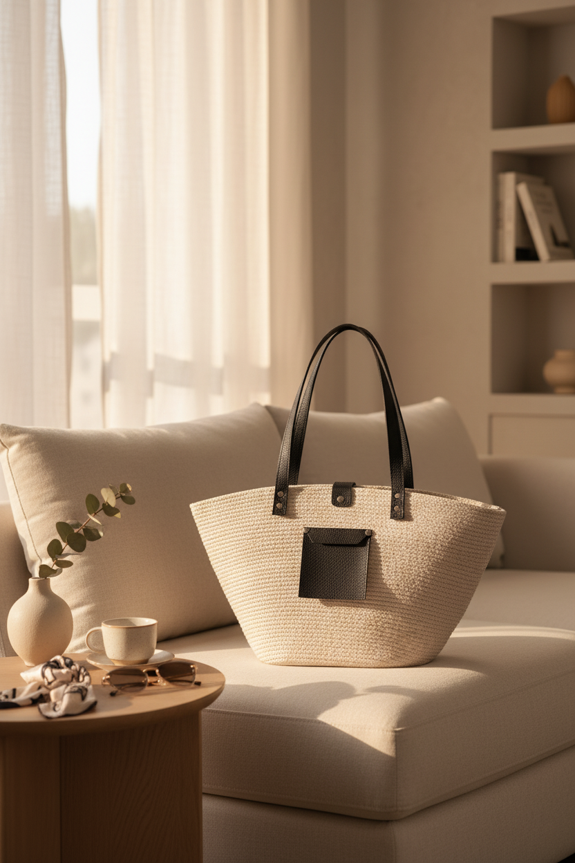 Siyah Deri Detaylı Örgü Çanta