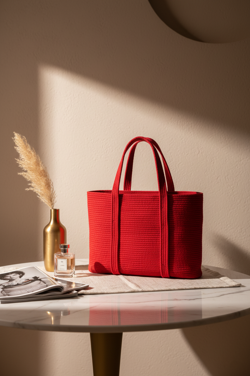 Tote Örgü Çanta - Kırmızı