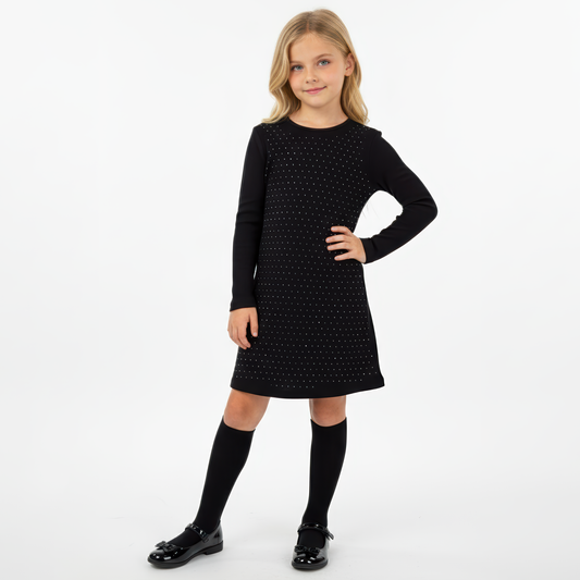 Kız Çocuk Taş İşlemeli Uzun Kollu Elbise