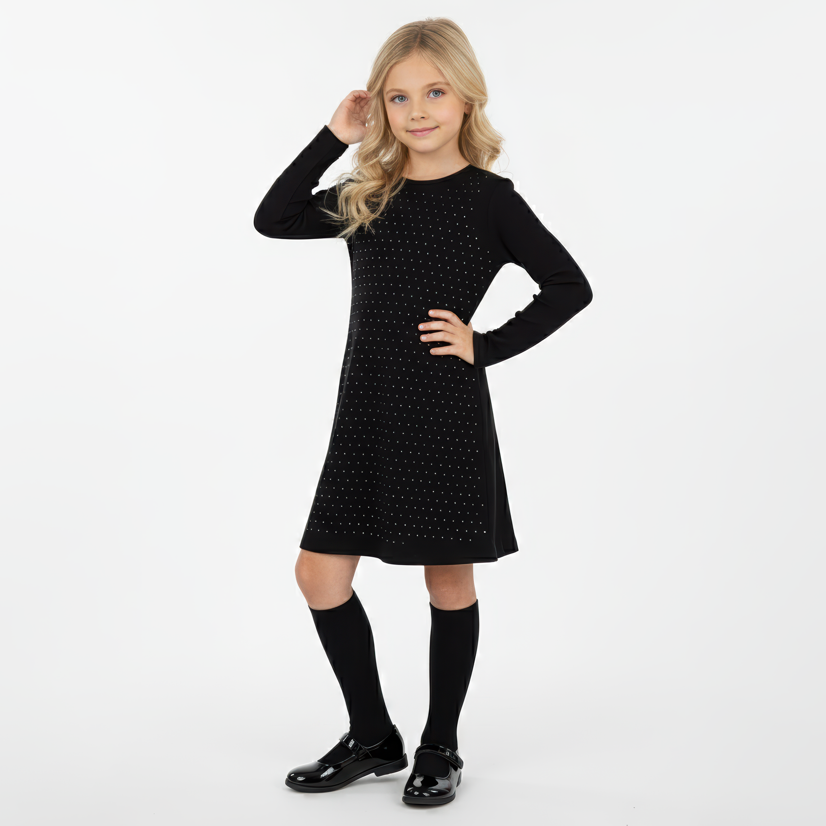 Kız Çocuk Taş İşlemeli Uzun Kollu Elbise