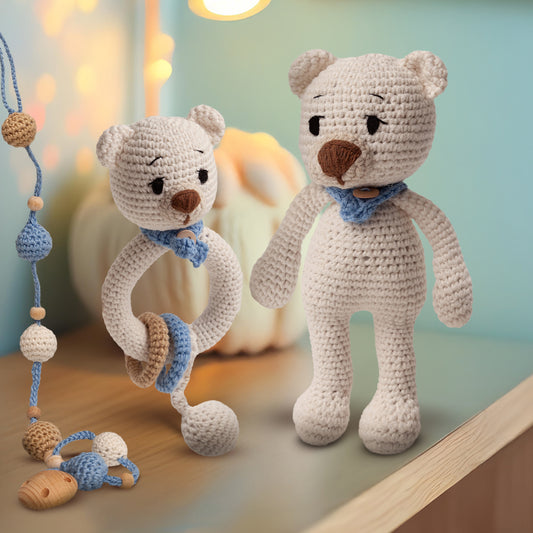 Beyaz Amigurumi Ayıcık ve Diş Kaşıyıcı Seti